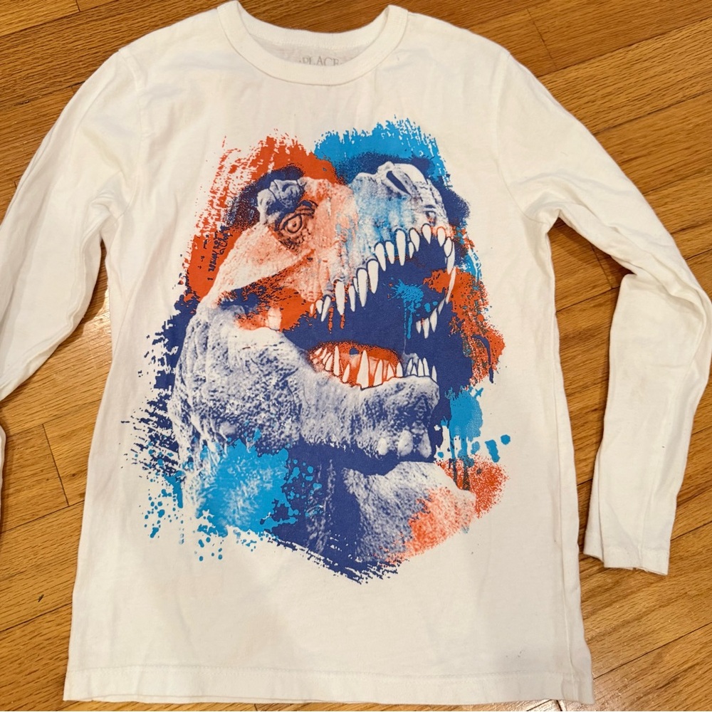 Place Long Sleeve Dinosaur Tee - White with Blue and Orange ,boys 5